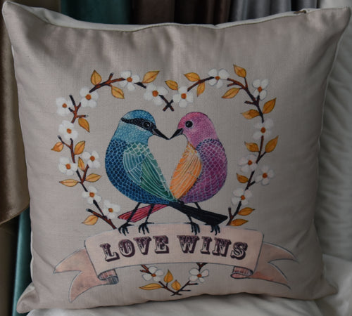 Pink and blue birds cushion cover